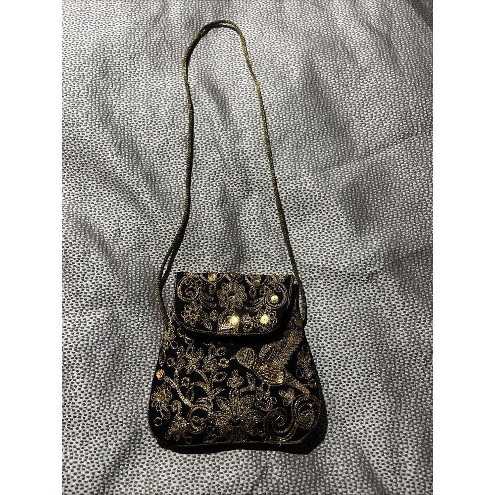 Black With Gold Stitched Embroidered Bird Purse Handbag Sequins Rainbow Strap